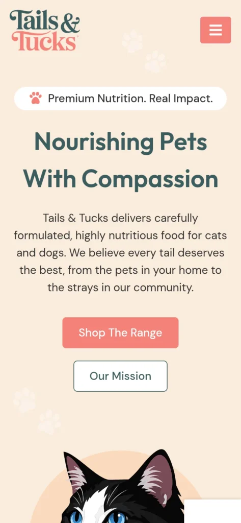Tails & Tucks pet food store website on a phone, designed by Habib Zafar