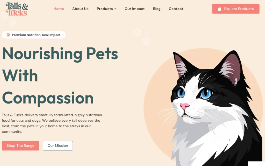 Tails & Tucks pet food WooCommerce website home page, designed by Habib Zafar